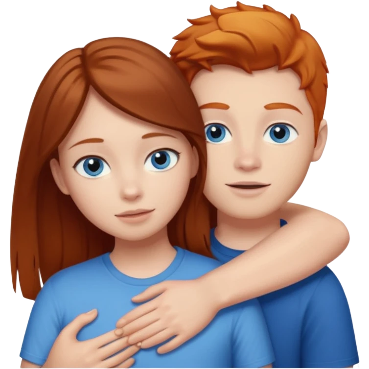 Girl with straight brown hair being hugged by ginger boy. Both have blue eyes.  emoji