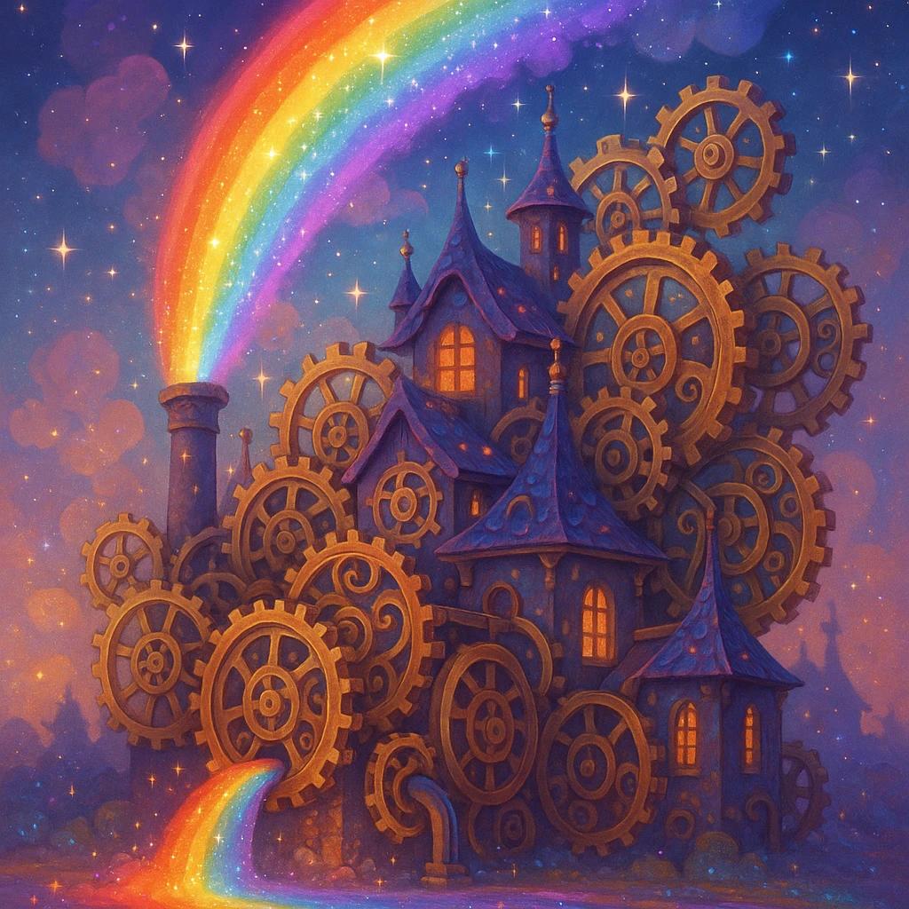 a fantasy rainbow factory with magical gears and sparkling colors, dreamy atmosphere emoji