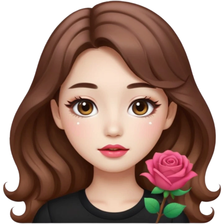 “korean brown hair Emoji girl, soft eyeliner, gradient rose lips, light brown shimmer eyeshadow, sparkly aegyo-sal, long wavy hair,  emoji