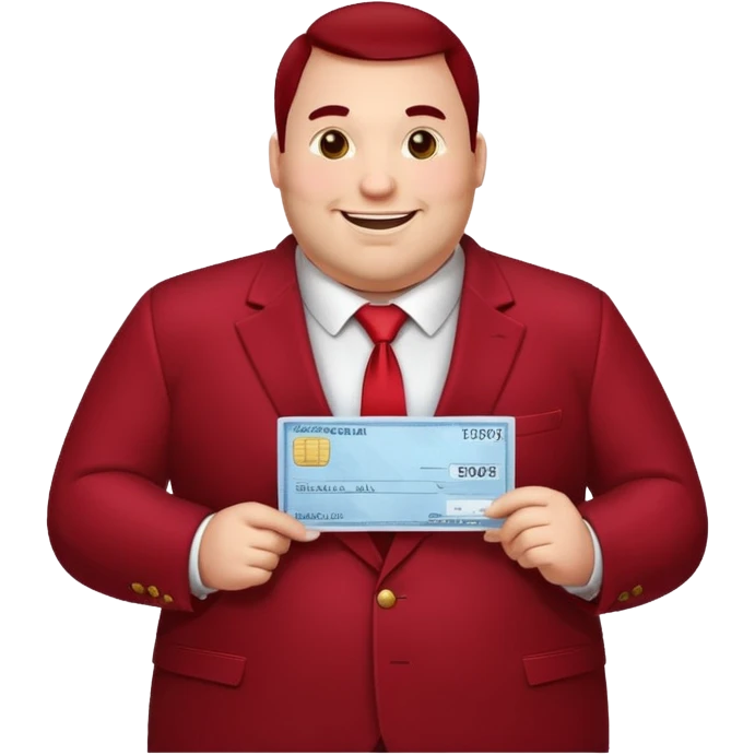 big fat guy bold head in dark red velvet suit holding cheque emoji