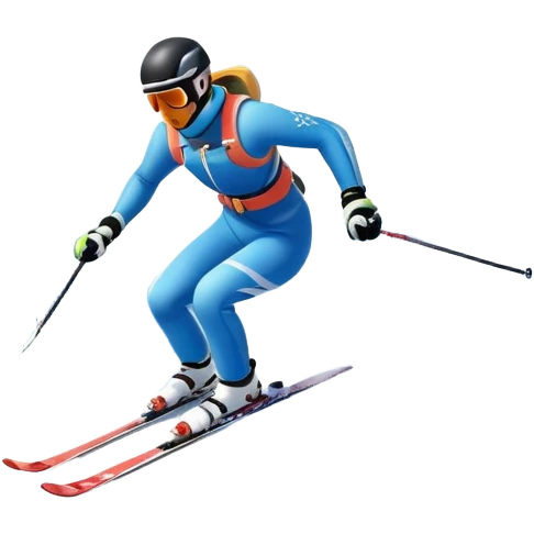 An icon featuring snowy peaks, pine trees, and a picturesque mountain landscape with a skier racing down a snow-covered slope, The sky is blue with soft clouds, capturing the thrill and beauty of alpine skiing. Transparent background highlights the excitement and serenity of winter sports. emoji