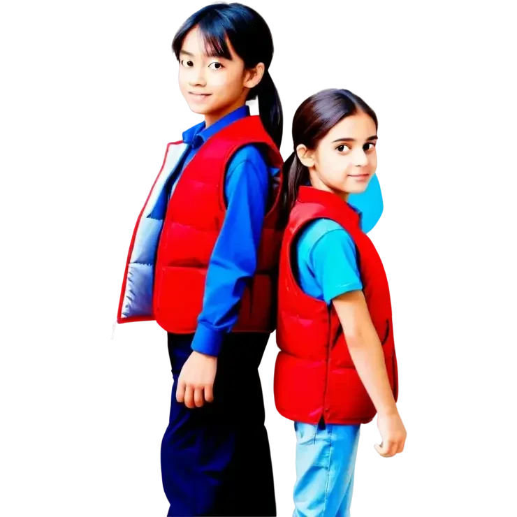 Teenage girl and boy in red vests facing back emoji