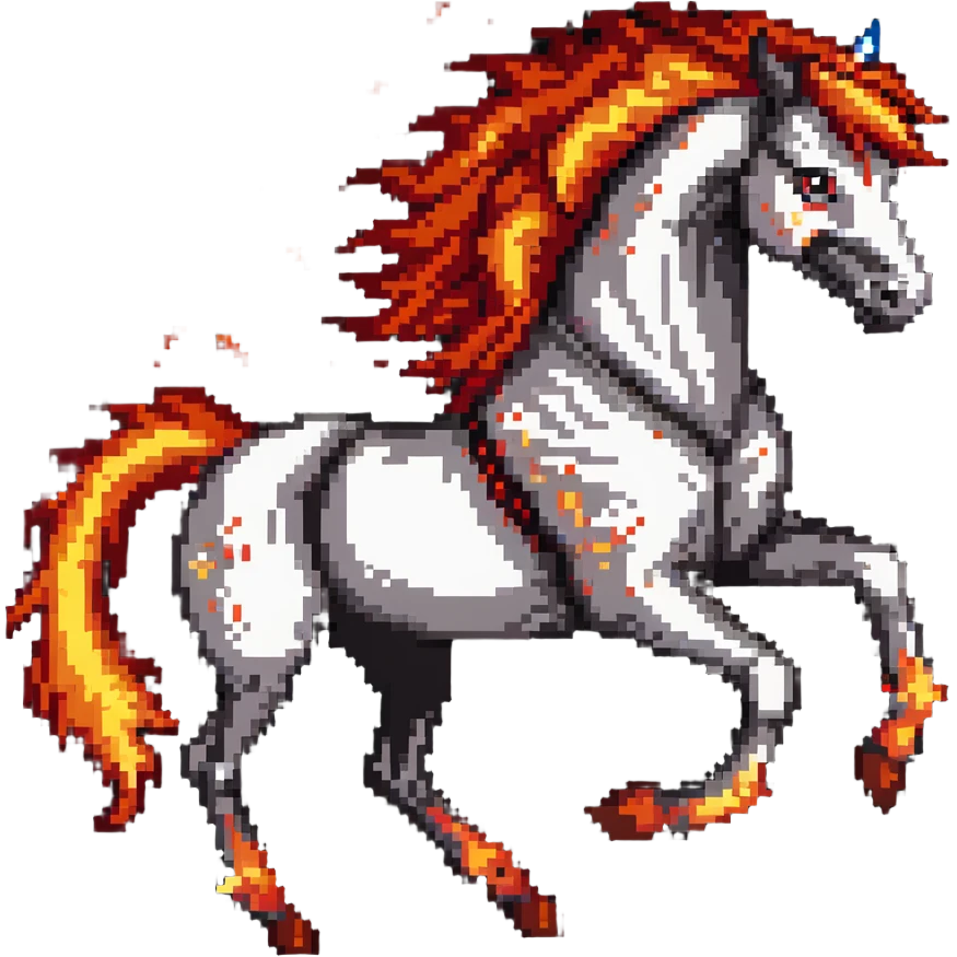 Red fast fire horse made of embers, magma, visible lava, burning, with ash particles surrounding it. Horse galloping with a fiery mane and tail. emoji