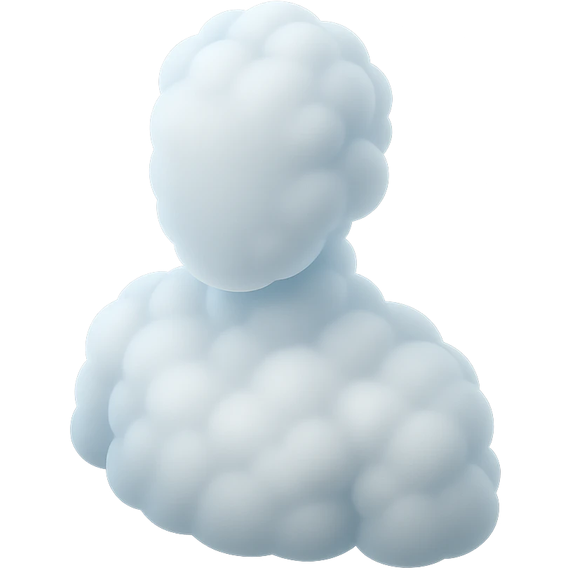 person made entirely of bright convex clouds, shoulder up, front view, matte glass style emoji