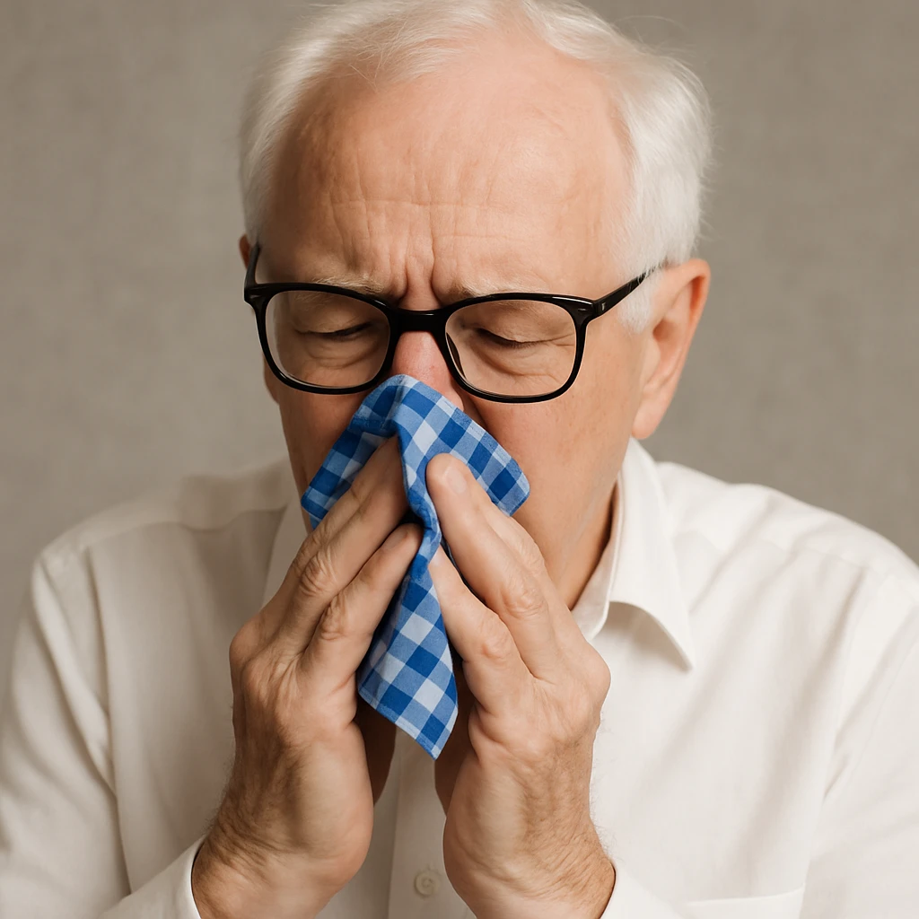 Make the handkerchief a little bit smaller while keeping the old man with white hair, white skin, black-framed glasses, wearing a white shirt, blowing his nose on the blue and white checkered handkerchief emoji
