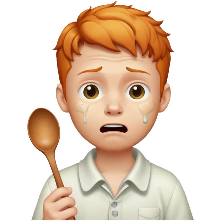 A ginger boy crying while holding a spoon emoji