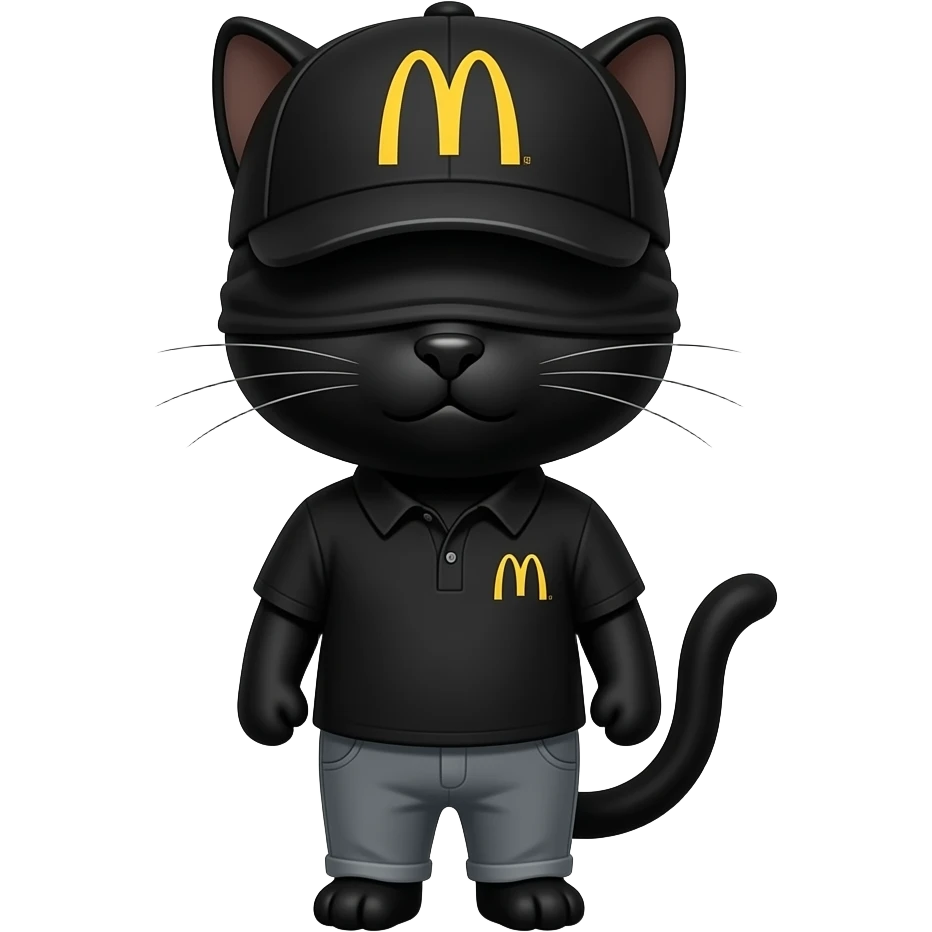 Gato beje com um chapéu de McDonald's preto cobrindo o seus olhos e tem uma camisa preta do McDonald's e uma calça cinza emoji