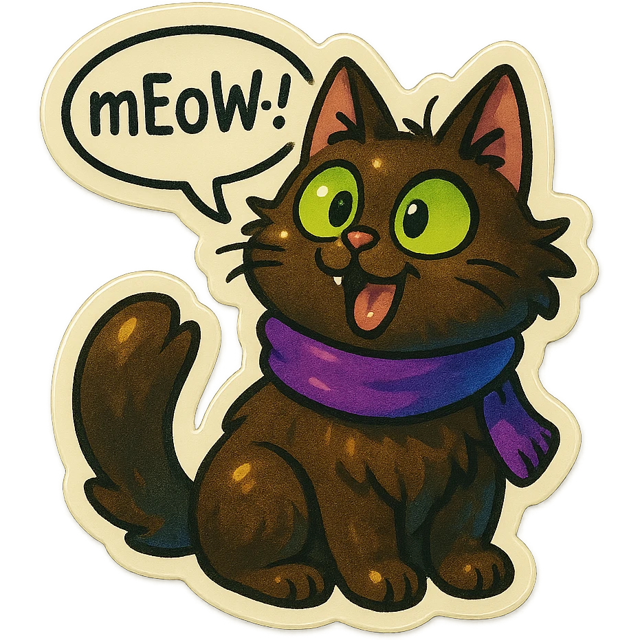 Fluffy cute derpy silly goofy funny dark-brown cat with green eyes and a purple scarf saying ‘mEoW~!’ (With a speech bubble) emoji