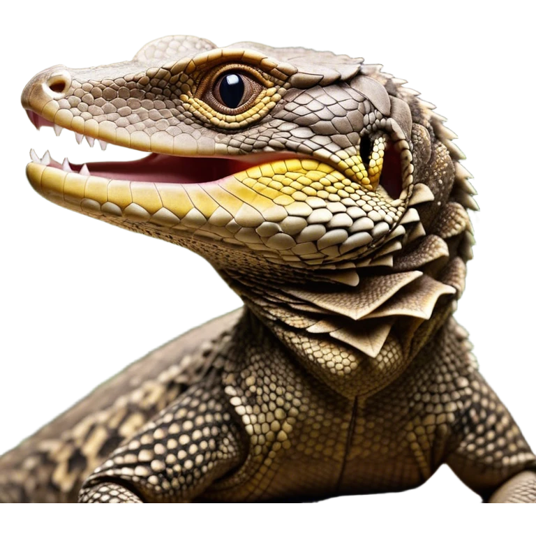 Cinematic Cute Yawning brown camo spotted monitor Lizard Portrait Emoji, Head tilted slightly with a dramatic, wide-open yawn, showcasing textured, patterned scales and sleepy, half-closed eyes exuding relaxed charm, Simplified yet irresistibly adorable features, highly detailed, glowing with a soft, cozy glow, high shine, relaxed yet expressive, stylized with a dash of whimsical wildness, soft glowing outline, capturing the essence of a drowsy yet affectionate reptile that appears ready to stretch out for a nap! emoji