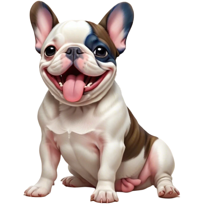 Cinematic Cute Yawning Pied French Bulldog Portrait Emoji, Head tilted with an exaggerated, endearing yawn and sleepy, squinty eyes, showcasing a unique pied fur of contrasting colors with a playful expression, simplified yet irresistibly adorable, highly detailed, glowing with a soft, cozy radiance, high shine, exuding a relaxed, humorous charm, styled with a gentle, soft glowing outline, capturing the essence of a Pied French Bulldog in a blissfully cute yawn that warms the heart! emoji