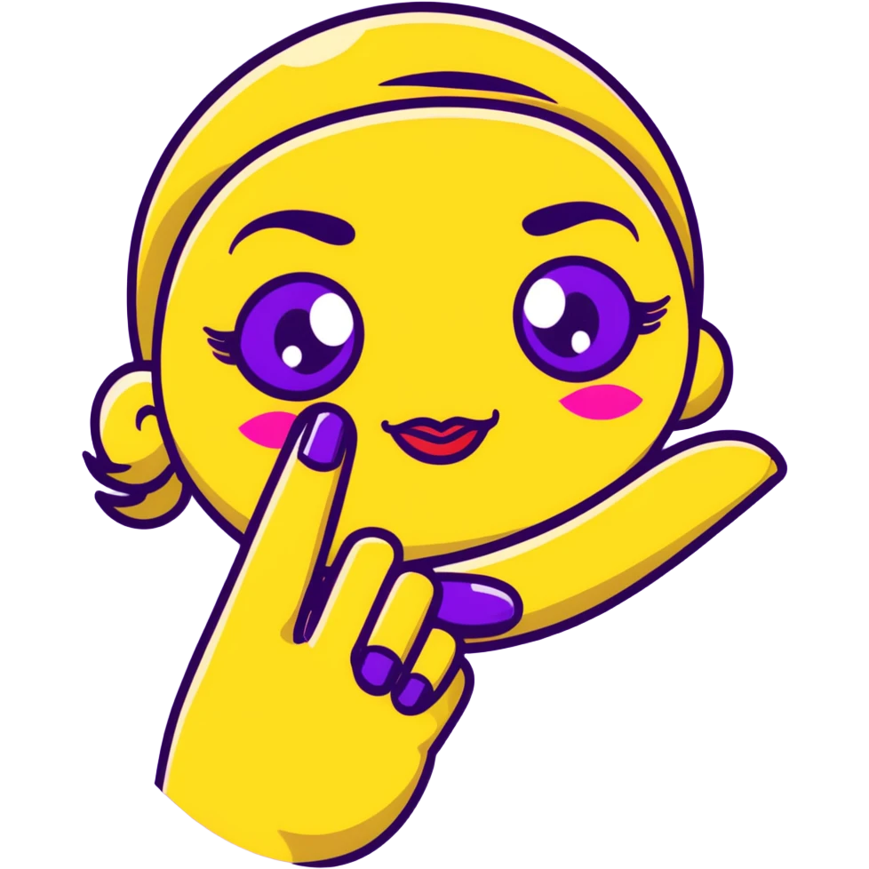 Classic yellow emoji face with closed eyes that form upward curved lines, eyelashes, pursed lips with lipstick, and a hand gesture with only the thumb out while other fingers are closed, all nails painted emoji
