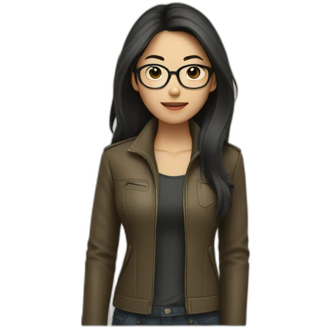 asian girl with glasses and a leather jacket with a  khaki shirt and long dark hair emoji