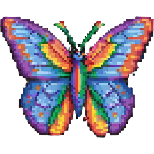 a butterfly in pixel art style, small and retro, rainbow pride colors emoji