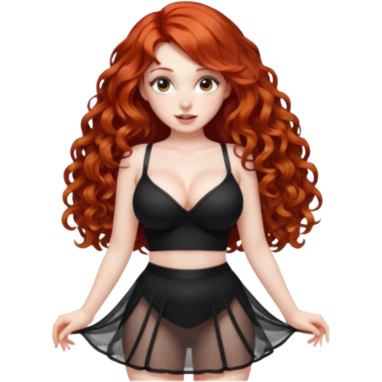 Naked red haired girl with long curly hair and very large big boobs and cleavage.  Thin waist and wide sexy hips. She is not wearing any clothes at all except a see-thru black mesh very short mini-skirt emoji