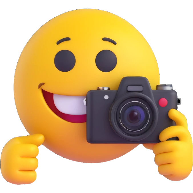 3D smiley emoji, round shape, photographer: holding camera, funny face emoji