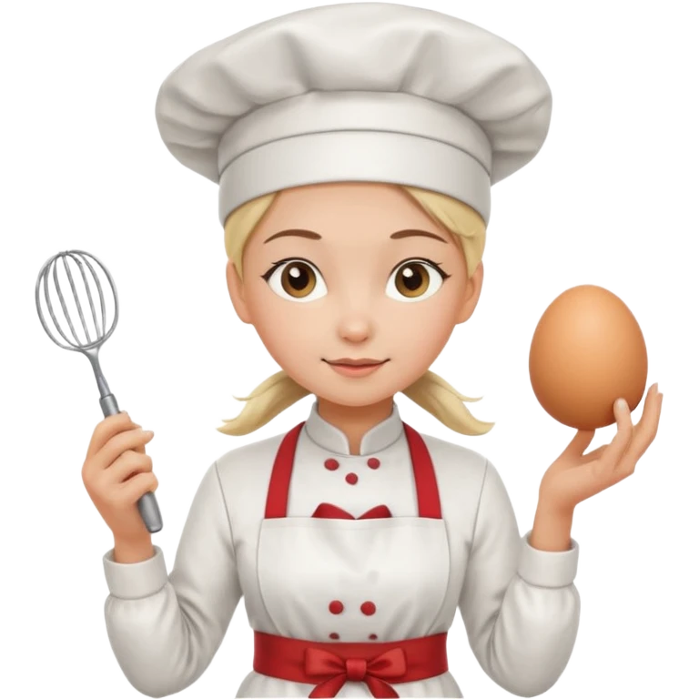 Young female pastry chef - ponytail, apron, wearing a white hat, holding an egg beater in her right hand
 emoji