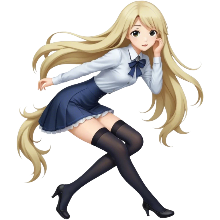 A stunning anime girl with long, flowing hair, wearing elegant thigh-high stockings and a stylish outfit. She gracefully bends over to pick something up, her expression soft and charming. The scene is detailed with warm lighting, smooth shading, and an artistic touch that enhances her beauty emoji