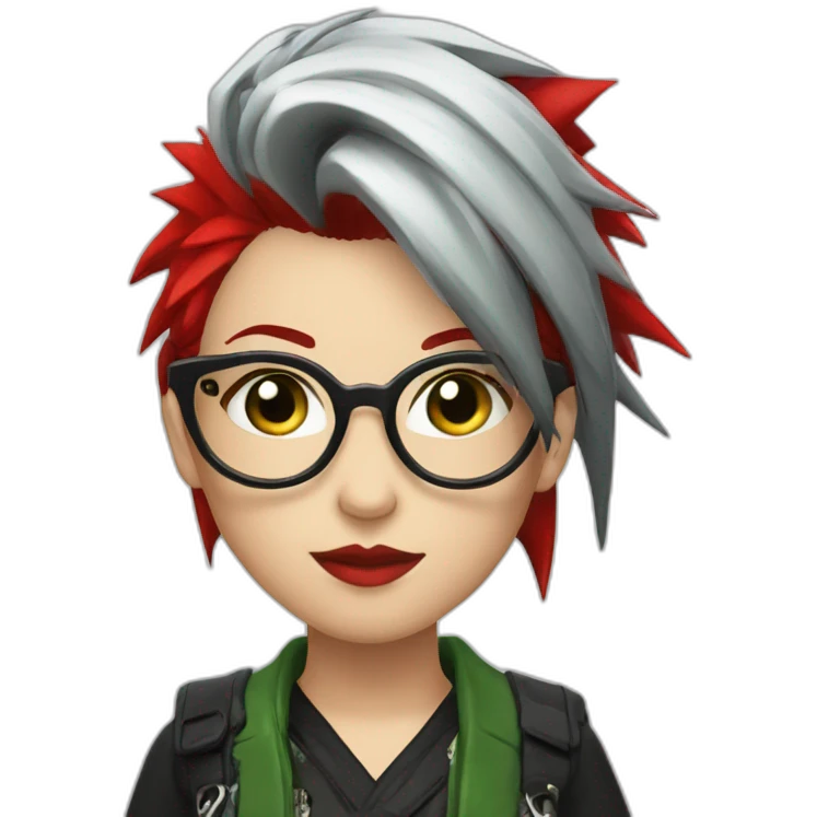 A Japanese Woman With Long Spiky Black And Red Hair And Red Make Up. Green Eyes. Punk. Glasses.  emoji