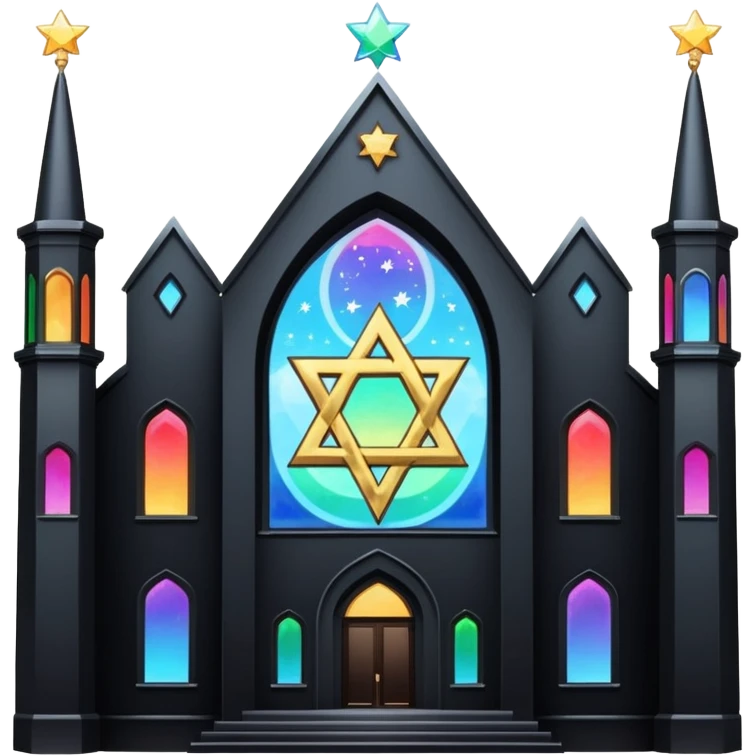 jewish synagogue temple in dark goth aesthetic style with black building and very light rainbow tint glass windows and star of david and celestial symbolism emoji