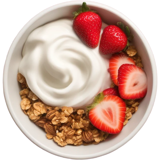 Top view of a yogurt bowl with strawberries and granola emoji