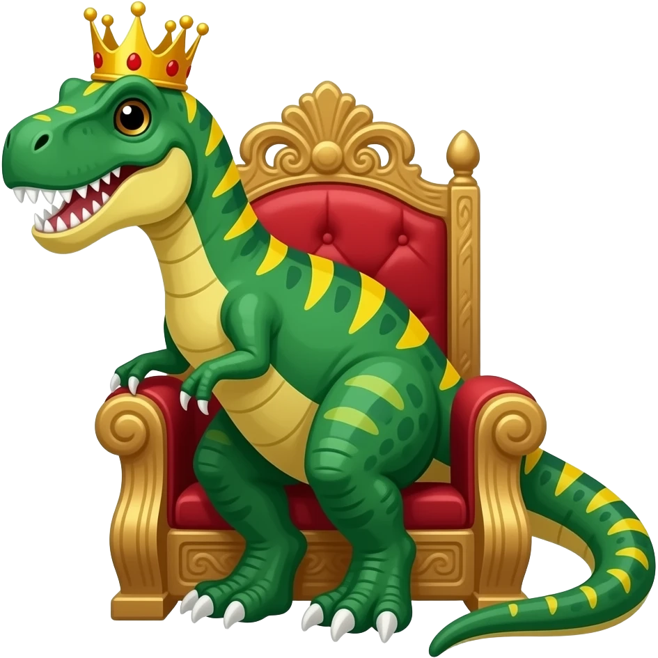 Un T-Rex de color verde con patrones amarillos y una corona y en un trono emoji