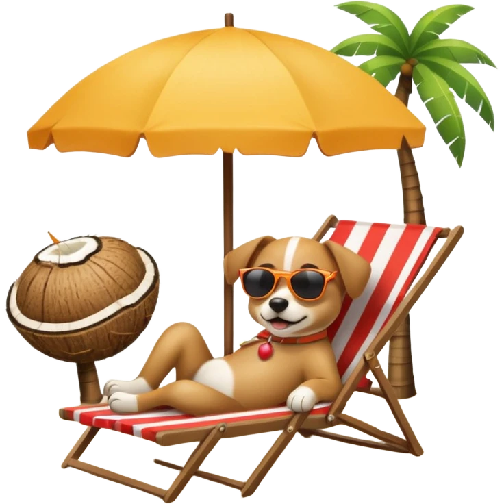 a dog laied on a beach chair, a sunny beach, a sun umbrella, and beach coconut trees. the icon should capture the essence of a relaxing beach vacation with a carefree atmosphere emoji