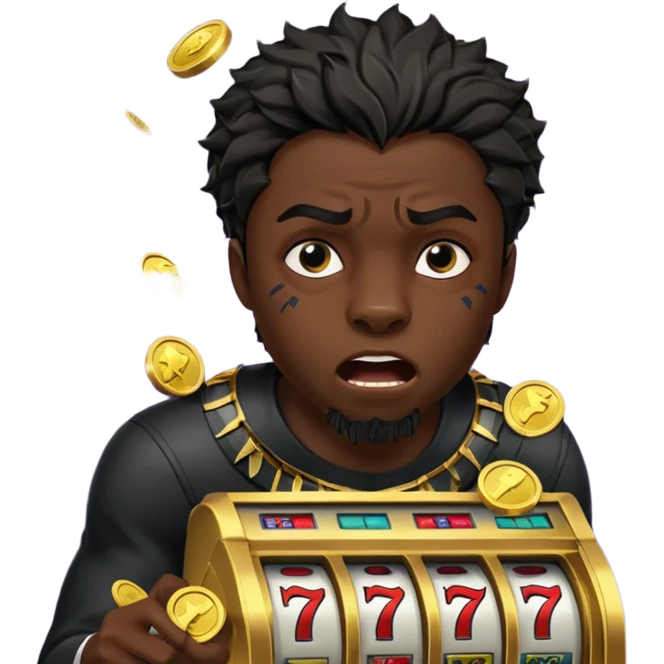 disheveled Black Panther losing money at a slot machine, panicked face, coins flying emoji