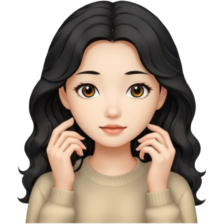 Beautiful girl,Black hair, wavy long hair,Black eyes,Chinese, beige sweater  emoji