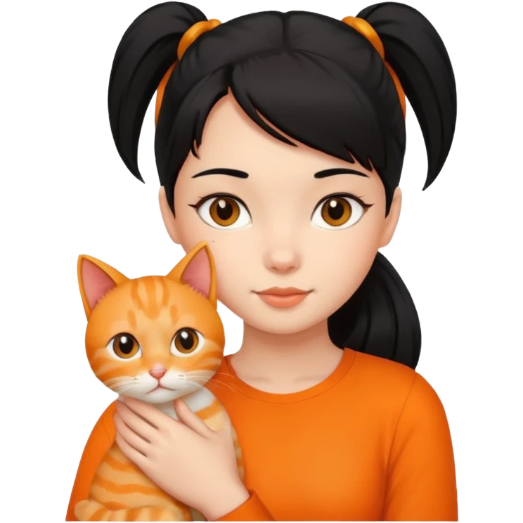 A black haired girl with a high ponytail holding an orange cat emoji