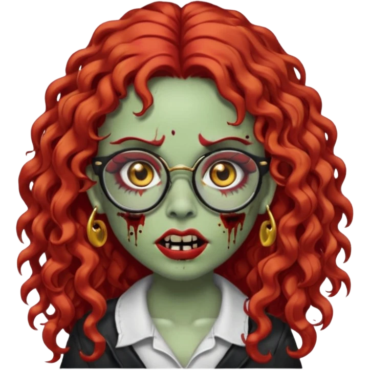 zombie girl emoji with long red curly hair, thick lashes, black glasses, gold nose piercings on each nostril, and a gold eyebrow piercing. emoji