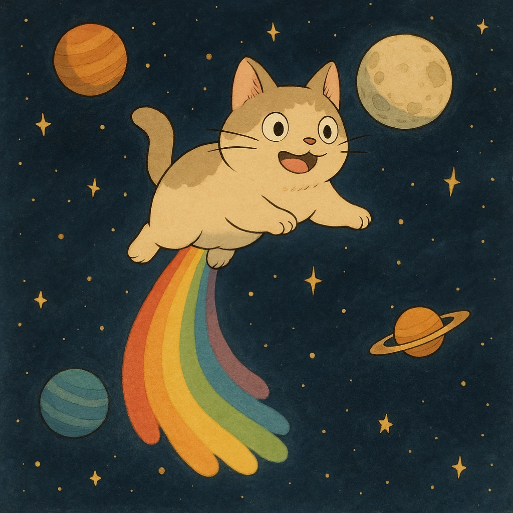ghibli style flying cat pooping rainbows in outer space with stars and planets emoji