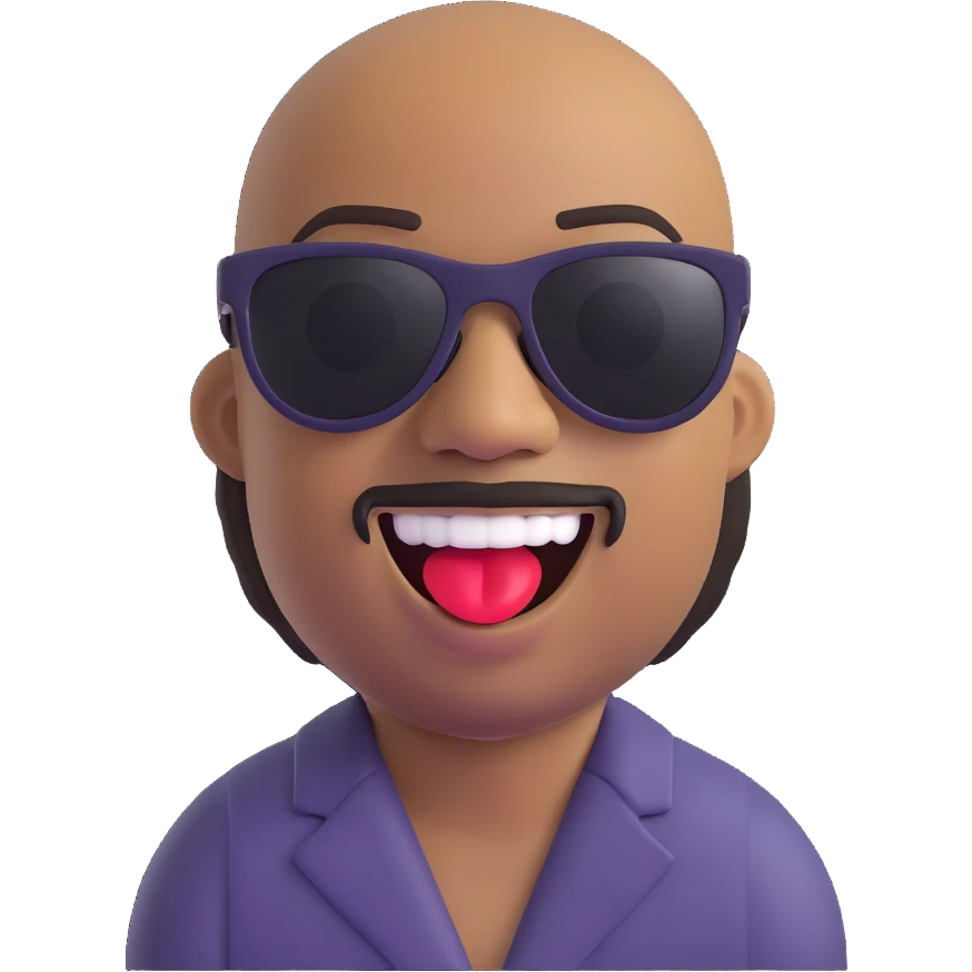 Stevie Wonder emoji, head tilted back, laughing, sunglasses, musical notes emoji