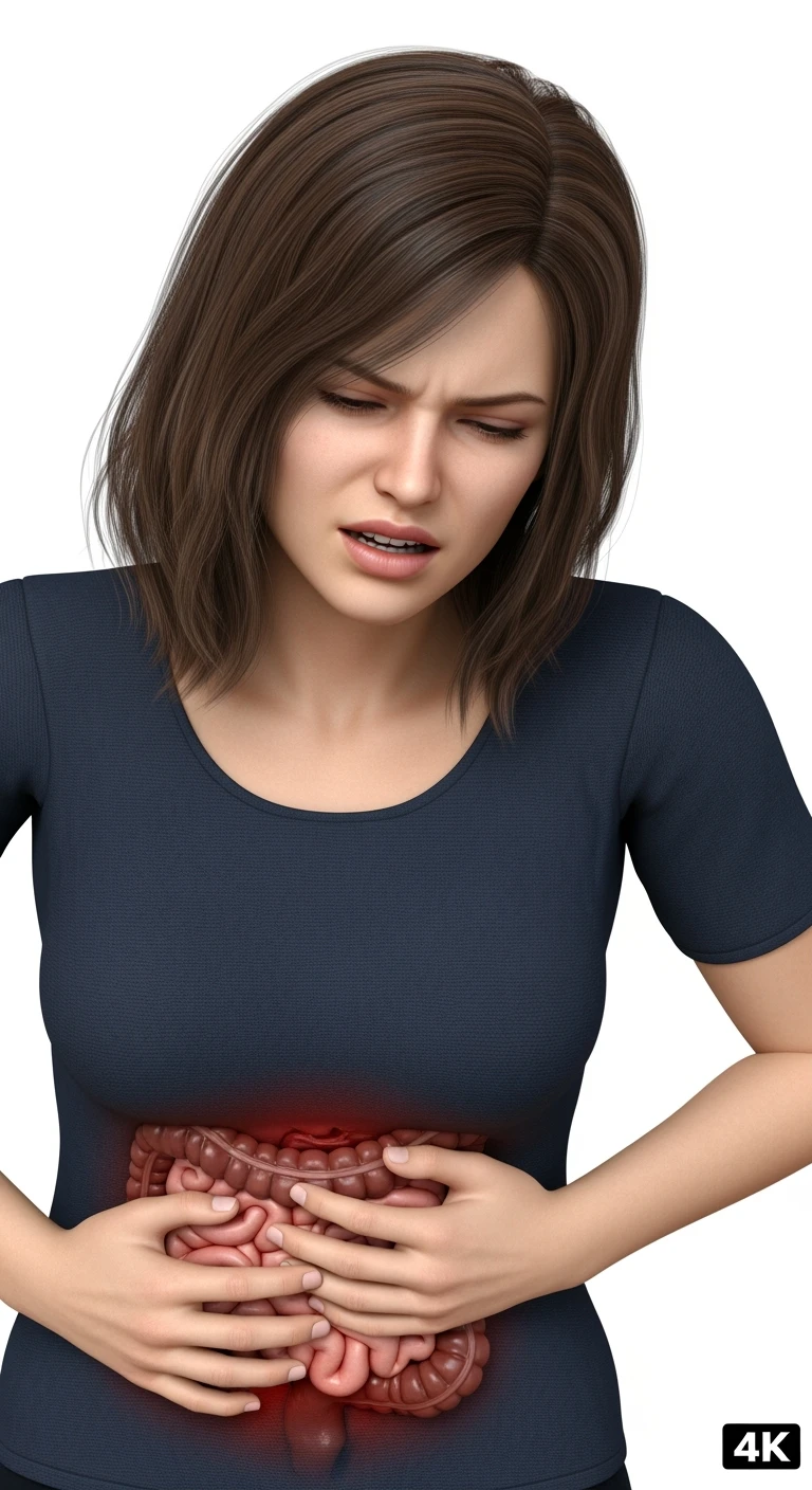 DONNA CHE SI TIENE LA PANCIA DOLORANTE CON INTESTINO VISIBILE, ESPRESSIONE DI DOLORE IN VOLTO, iperrealistico 4k, ISOLATA SU SFONDO BIANCO emoji