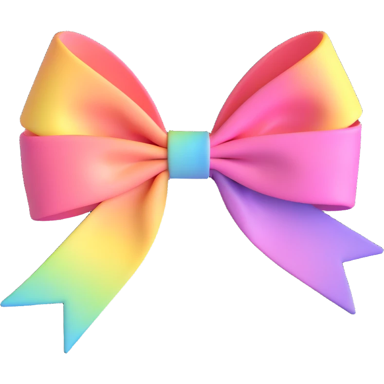 3D emoji style bow, pastel pink, rainbow gradient effect emoji