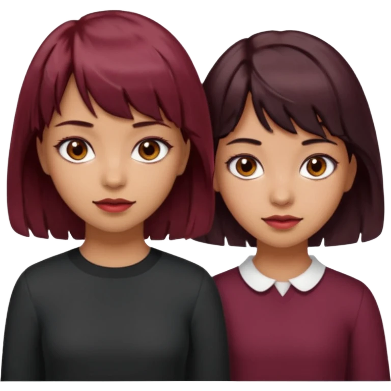 2 girls both tan skin. One with short length wavy burgundy hair, bangs and brown eyes, the other with medium length black hair with brown eyes  emoji