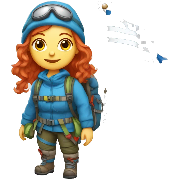Female winter mountain climber red hair climbing, holding Greek flag on backpack and holding Easter eggs basket emoji