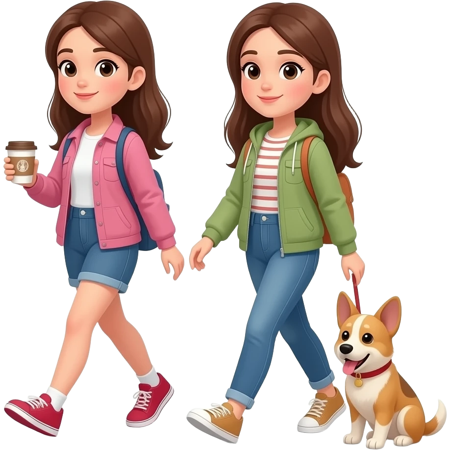 brown haired girls walking with coffee and dogs emoji