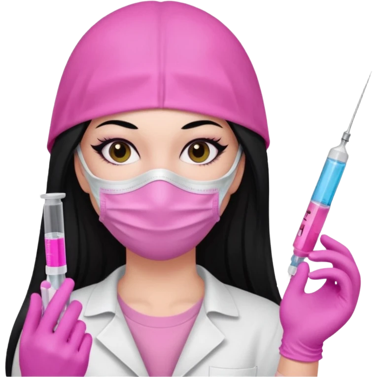 laboratorista con guantes rosa y mascarilla rosa jeringa tubo laboratorio sin lentes y ojos negros cabello largo negro color ojos oscuro color y cabello largo lacio guantes camisa y maascarilla mismo color emoji