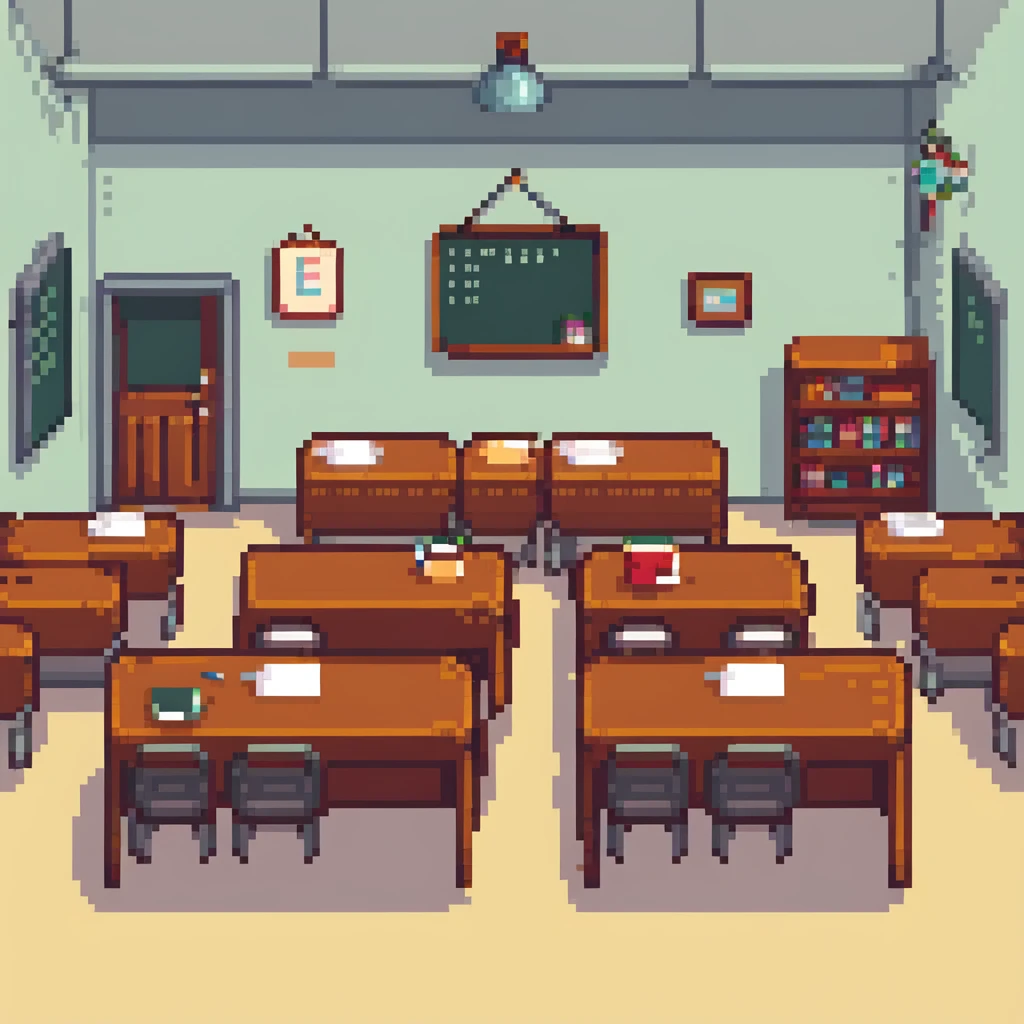 classroom scene with many students and a teacher in pixel art style emoji