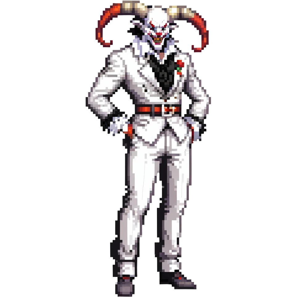 full-body muscular demonic clown in black and white leisure suit with bellbottom pants, bald, black ram horns, flashy black and white belt, ruffled white shirt, no neck tie, large fangs emoji