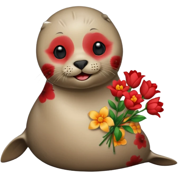 Blushing Happy seal holding red flowers emoji