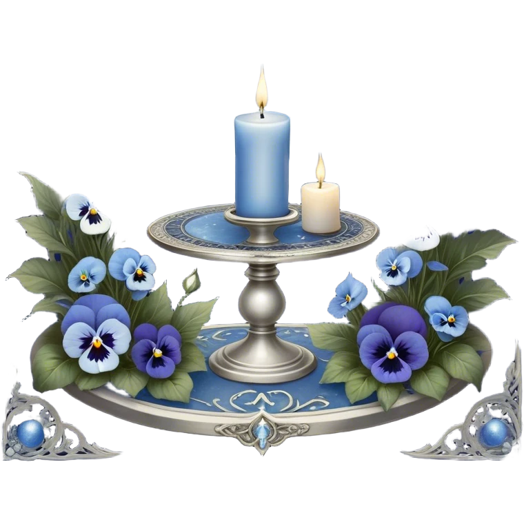 A mystical scene where deep blue and light blue pansies bloom under a silver crescent moon, casting an ethereal glow across the enchanted garden. A round, pearl-colored candle flickers atop an ornate silver stand, its wax melting into swirling patterns resembling planetary orbits. Surrounding it, a set of celestial tarot cards—The Moon, The Star, and The High Priestess—are carefully placed, their intricate silver engravings shimmering with divinatory power. The background sky is adorned with floating zodiac constellations, softly pulsing as if alive, while a trail of stardust leads to a glowing cosmic portal that opens into a swirling galaxy. emoji