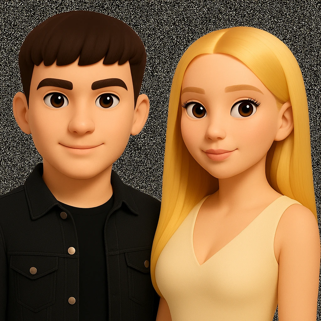 Slightly increase the volume of the upper body of the girl, separate the girl and the boy from each other, and make the skin color the same for both characters. Maintain the cartoonish 3D style as in the reference image. emoji