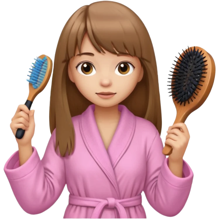a girl with light skin and medium brown long hair with bangs who is brushing her hair with a hairbrush and she is wearing a light pink bathrobe emoji