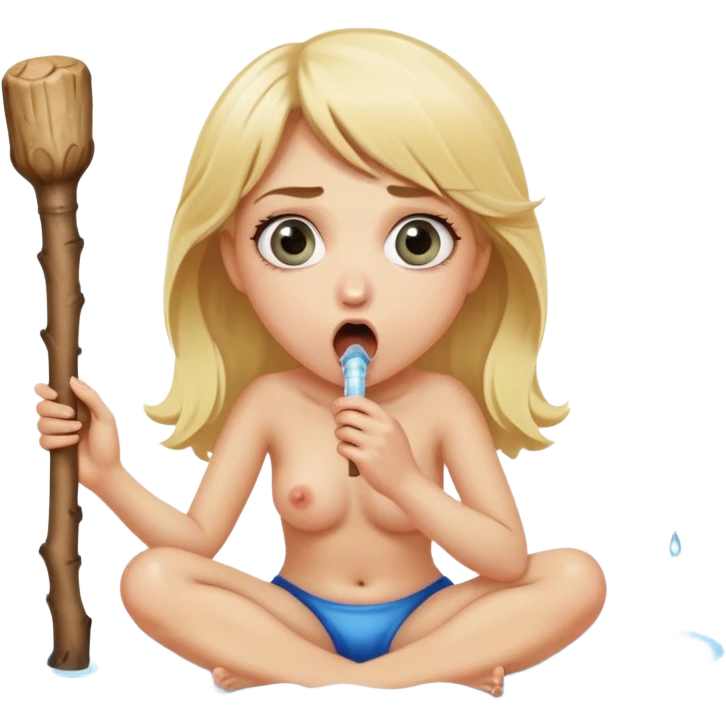 blond woman sitting on her knees with wide eyes, she's holding a thick stick with a D-shaped knob, the stick is made of skin, water squirting from the knob into her mouth, shocked face emoji