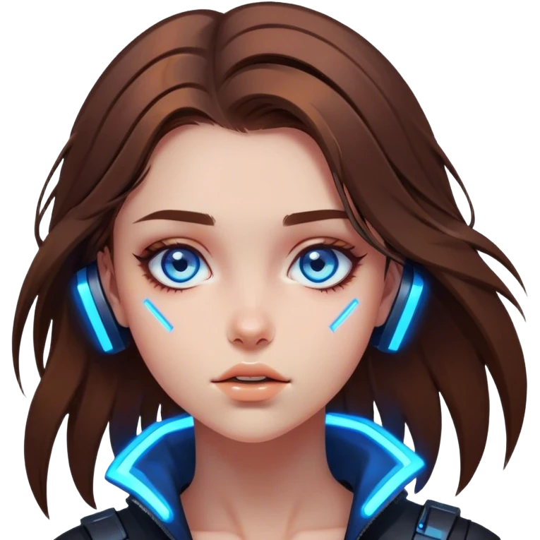 Neon cyberpunk style 
girl with brown hair and blue eyes 
falls emoji