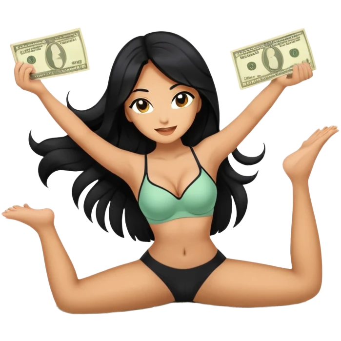 woman with bra, tanned long black hair, holding money, and splits . Money in floor emoji