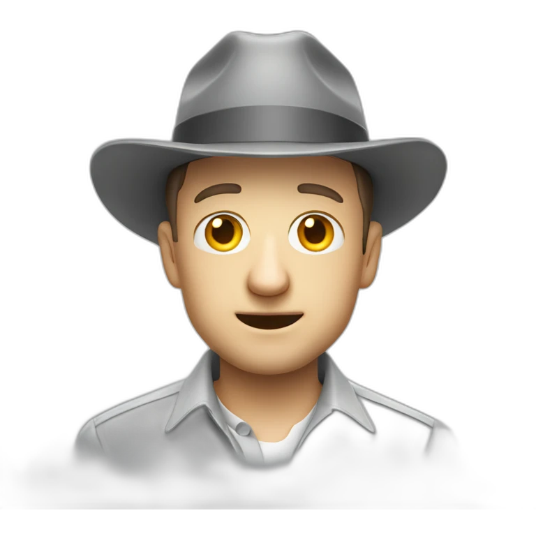 tim robinson wearing a grey fedora with a grey flap on the back white shirt looking scared emoji