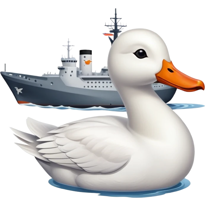 A cartoon military ship with planes on the deck and a large white goose head with orange bill at the front emoji