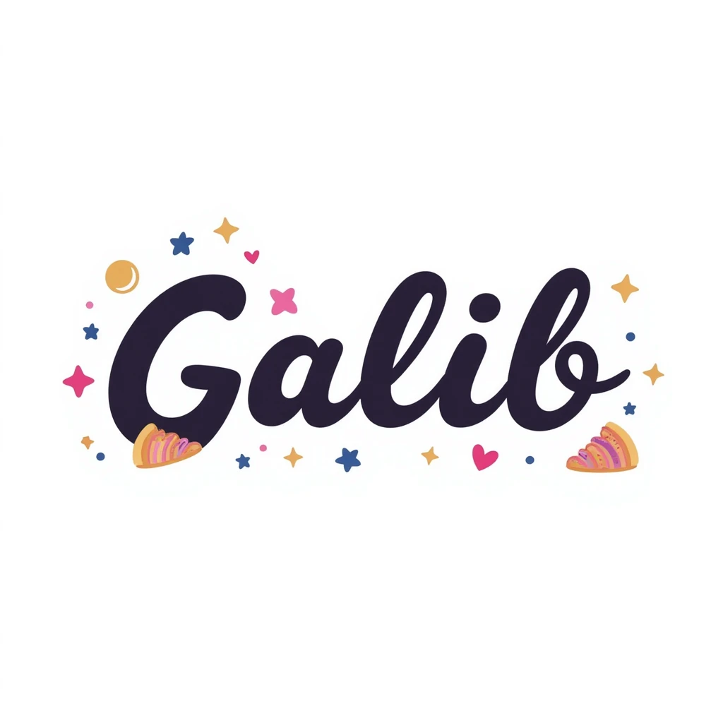 Galib in elegant cursive and bold mix, dreamy purple blue gold gradient, surrounded by sparkles, hearts, stars, and aesthetic emojis, romantic luxurious whimsical nameplate emoji